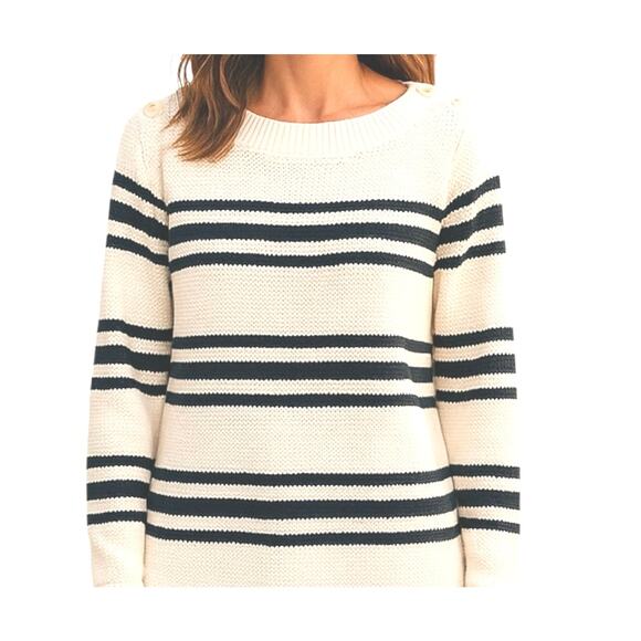 TALBOTS Sz L Black & White Striped Sweater Button Detail on shoulder | NWOT - Picture 1 of 6